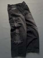 Jean baggy vintage personnalisé à jambe large, style gothique, avec croix, patchs effilochés, clous métalliques, effet usé, Y2K, punk, streetwear, en denim