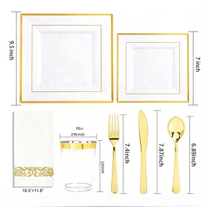 Ensemble de Vaisselle Jetable Or 350 Pièces pour 50 Convives, Blanc Bord Doré, Carré en Plastique Résistant, Incluant <span class=keywords><strong>Assiettes</strong></span> Noires/Argentées - Product Image 2