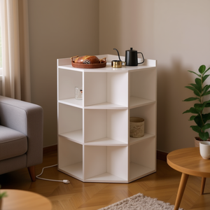 Gabinete esquinero blanco de tres niveles con estación de carga para decoración de sala de estar - Product Image 2