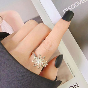 Vintage Rotating Floral <b>Adjustable</b> <b>Ring</b> Shell Pearl Zircon Copper Rhodium Plated Anxiety <b>Ring</b> Fidget Jewelry For Women - Product Image 3