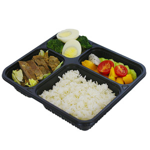 Four Compartment Plastic Lunch Box Black Disposable Microwave Safe <b>Takeaway</b> Packaging Rectangular Food <b>Container</b> - Product Image 1