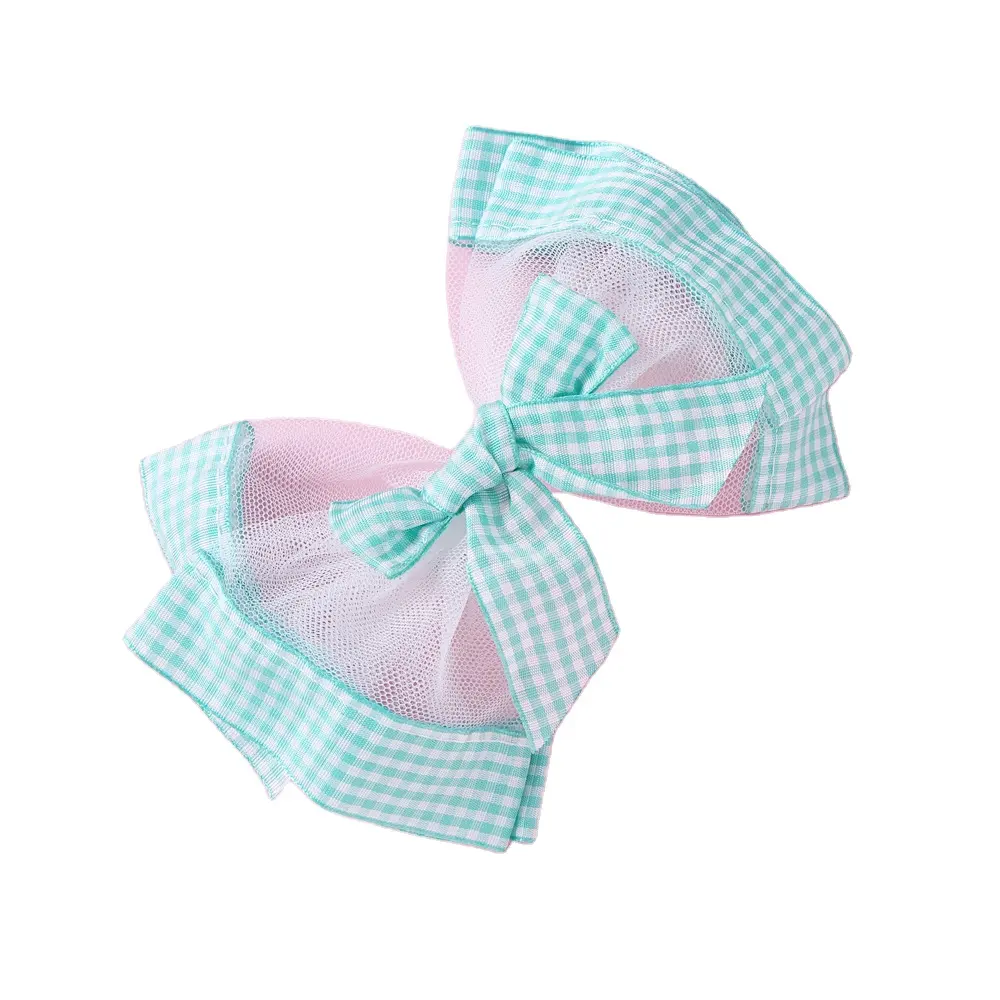 Handmade Children'S Headwear Elastic Loop Rope 6-Color Mesh Silk Bowknot Elastic Checkered Yarn Hairpins