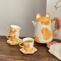 Bouilloire en céramique en forme de chat de dessin animé mignon, design unique fait main, avec soucoupe, pour eau, thé, lait, ensemble avec tasse