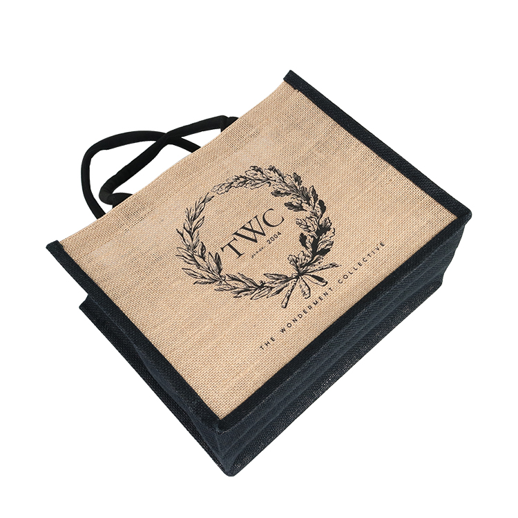 Custom Silk Screen Printing Black Jute Tote Bag With White Logo Printed