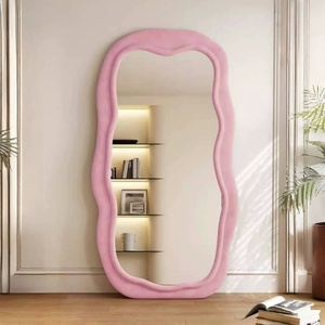 Miroir ondulé de luxe léger pour la maison, pour salon, chambre à coucher, miroir de forme spéciale, cadre en bois recouvert de flanelle, sur pied - Product Image 4