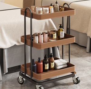 Chariot de Salon à 3 Niveaux avec Plateau Roulant, Chariot de Transport Utilitaire en Cuir et Métal pour Spa, Beauté, Hôtel - Product Image 3
