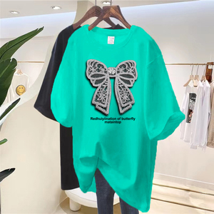 T-<span class=keywords><strong>Shirt</strong></span> Streetwear Ample – Jersey de Coton Doux avec Motif Nœud en <span class=keywords><strong>Dentelle</strong></span>, Conception Épaules Tombantes pour <span class=keywords><strong>Femme</strong></span> Style Urbain - Product Image 3