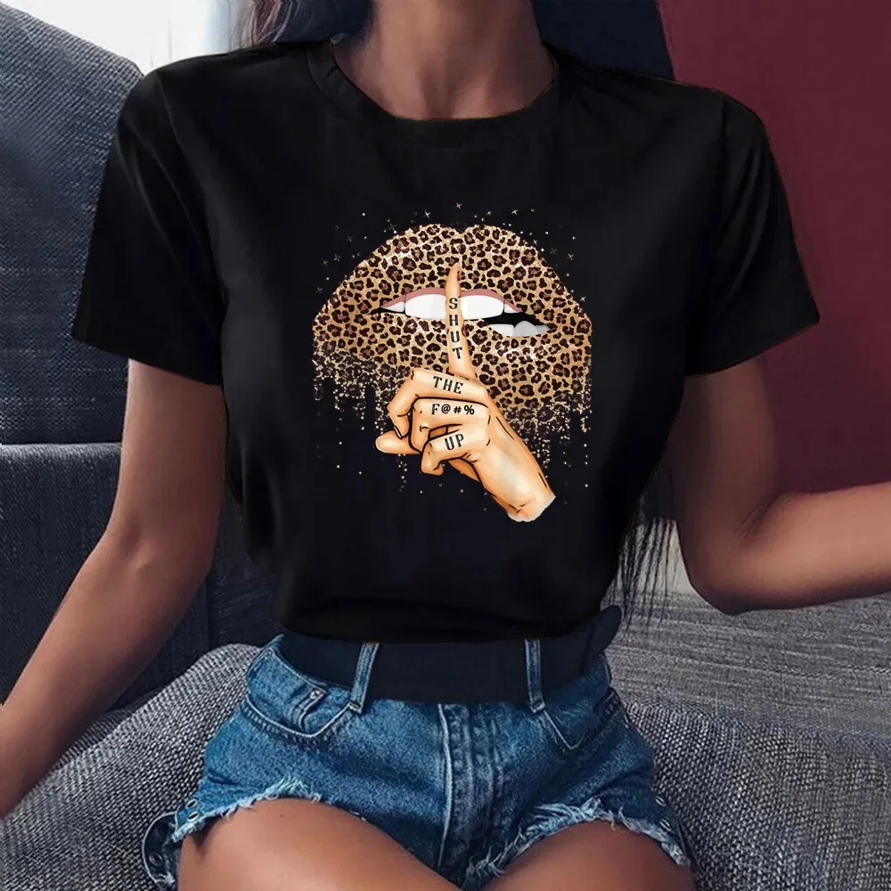 Camiseta estampa de leopardo para verão, camisa feminina, com base, gola redonda, camiseta preta, estampa engraçada