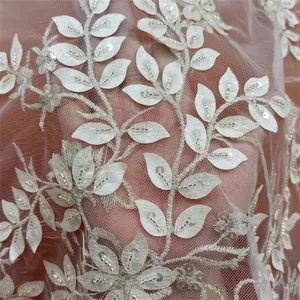 Wholesale nice 3d leaves design machine beaded embroidery lace fabric for marking dress