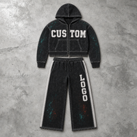 Ensemble streetwear personnalisé pour homme : veste à capuche zippée délavée foncée avec pantalon large à éclaboussures de couleur OEM ODM