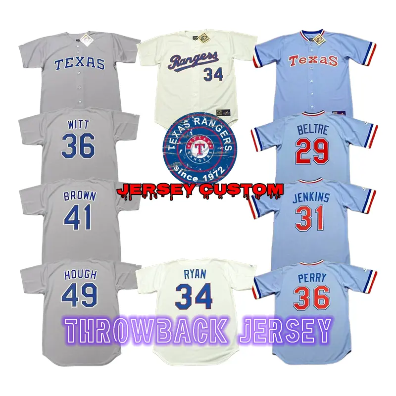 Texas 29 Adrian Beltre 32 David Clyde 33 Frank Howard 37 Kenny Rogers 49 Camisa de beisebol Charlie Hough Costurado S-5xl Rangers