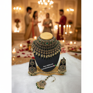 Gold Plated Bridal Shadow Choker Necklace <b>Set</b> Earrings Maang Tikka Ethnic Design Handmade Jewelry for Wedding Engagement Party - Product Image 3