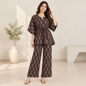 Conjunto de caftán negro estampado para mujer con pantalones palazzo de pierna ancha, elegante ropa informal étnica, conjunto de dos piezas para mujer - Product Image 1