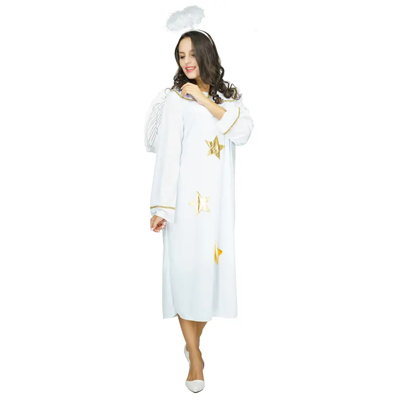 Adult Fancy Dress Lady White Angel Costume With Wings Halloween Role Play Performance Clothing For Women