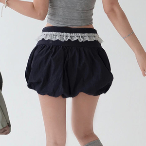 Sweet Street Style Loose Mid Waist Bouffant Bermuda Shorts Eco-Friendly Breathable Digital Print Lace Trim Color Block - Product Image 3