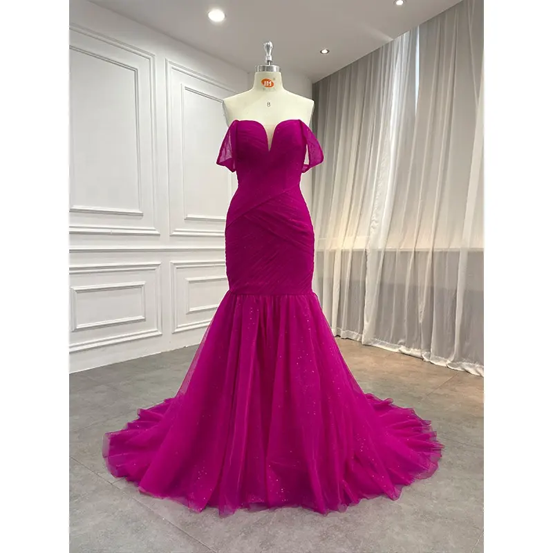 Chic Fuchsia Pink Party Gowns Pleated Shinny Tulle Mermaid Prom Dress Lace-up Evening Dresses