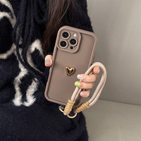 Coque Souple Coréenne Mignonne 3D Cœur Doré avec Dragonne pour iPhone 16 17 Pro Max 15 14 13 12 11 Pro 16E 7 8 Plus