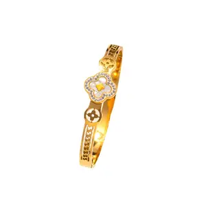 XIXI gelang cincin emas 18k wanita, gelang perhiasan mode baja tahan karat tanaman emas zirkon empat daun semanggi