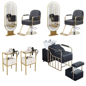 Hot Sale Gold Styling Station Led Light Mirror Salon Styling Chair Set Barber Chair Salon Furniture Package