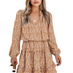 Robe Courte Élégante à Imprimé Floral, Col en V, Manches Longues Bouffantes, Coupe Ample Style Bohème, Décontractée et Respirante pour Femme – Idéale pour l'Été - Product Image 3