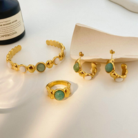 Bracelet ouvert joyas de acero inoxydable al por mayor acier inoxydable or 18 carats blanc jade contraste anneau boucle d'oreille ensemble de bijoux