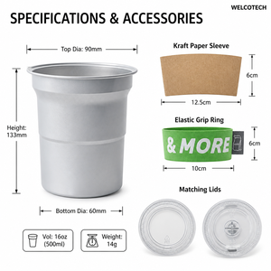 WELCOTECH Bicchieri in Alluminio da 16oz 500ml con Manicotti in Carta ed Elastici, Riciclabili e Riutilizzabili, per Bevande Fredde e Birra, Ideali per Feste e Festival - Product Image 5