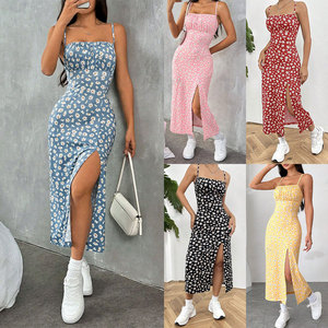 Spring <b>and</b> Summer Women's Strapless Sling Wrapped Chest Bustier High Slit Daisy Print Midi Dress - Product Image 1