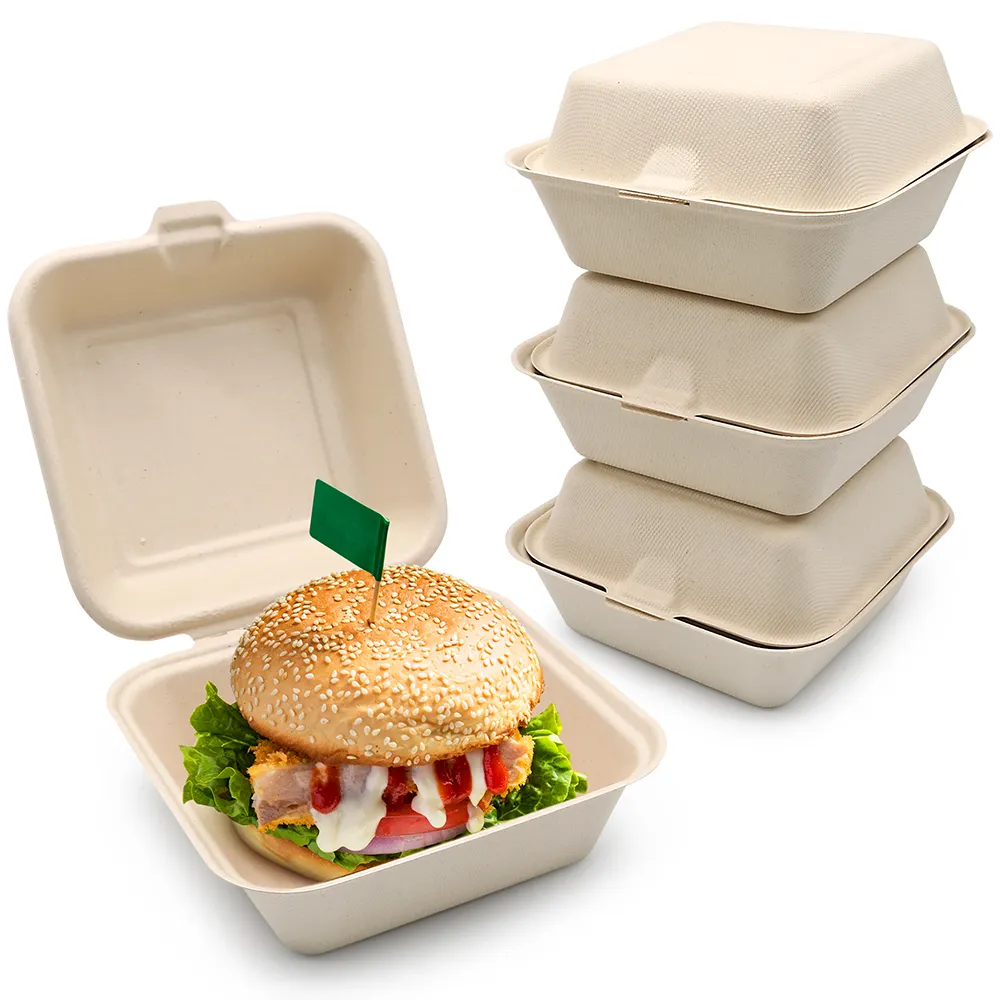 Emballage de déjeuner à emporter personnalisé 6x6 pouces, conteneur de restauration rapide biodégradable à clapet, sac, Hamburger, canne à sucre, boîte à hamburgers