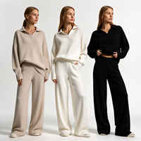 Ensemble Loungewear Femme 2 Pièces en Maille : Pull Oversize à Col Revers et Col en V à Manches Longues et Pantalon Large Taille Haute Assorti