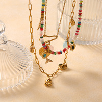 Promotion : Collier en Acier Inoxydable 316L Plaqué Or 18K PVD, Design Original, Pierre Naturelle, Pendentif Tendance Cœur Soleil et Pompon