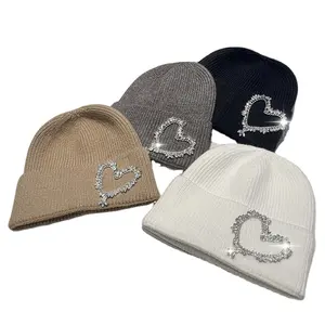 Biểu Tượng Tùy Chỉnh Mùa Đông Mũ Beanie Các Nhà Sản Xuất Arylic Unisex Jacquard Dệt Kim Còng Rhinestone Thiết Kế Beanie