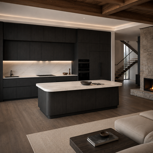 Mobili da <span class=keywords><strong>Cucina</strong></span> di Design Moderno Francese in Lacca Nera Opaca Personalizzati, Isola Curva con Illuminazione LED, in Compensato, per Appartamenti, Garanzia 5 Anni - Product Image 1