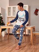 Özel Lacivert Aile Noel Pijama Takımı Geyik Baskılı Pamuklu Çocuk Noel Pijamaları Bambu Aile Pijama Takımları Kadın Noel Pijamaları