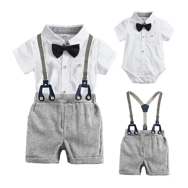 Children clothing boys white romper overalls and bow tie three-piece baby romper baby gentleman suit