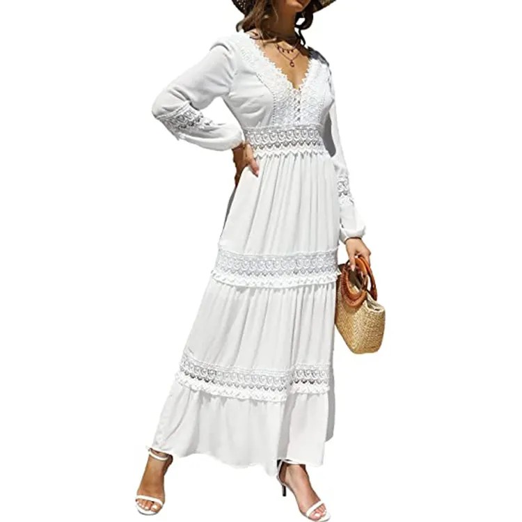 Custom Long sleeve elegant women Lace Open-back Slim Boho White Lady Maxi Dress