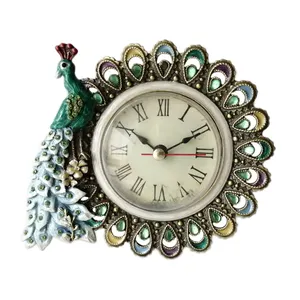 Vintage Peacock Small Quartz Analog Round Table Clock With Green Rhinestones 12cm By 11.5cm Handmade Zinc Alloy Framed Decor