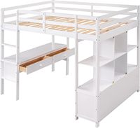 DNYN Lit surélevé pleine grandeur avec un bureau, quatre tiroirs de rangement et six étagères ouvertes pour chambre d'enfant, cadre de lit en bois massif