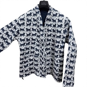 Handmade cotton quilted <b>jacket</b> women black cat print boho short shrug <b>kantha</b> style button front full sleeves lightweight casual - Product Image 1