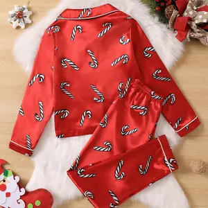 Vendita calda pigiama natalizio stampa Family Match pigiama in raso lungo pigiama Lounge wear all'ingrosso 2 pezzi bottone anteriore PJ