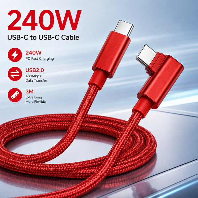 High Quality 3M USB C to USB C Cable USB 2.0 Data Transfer 240W 5A Fast Charging Nylon Braided Red Cable OEM ODM Wholesale