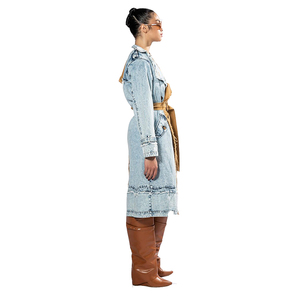 Invernale a maniche lunghe con risvolto doppio petto sfilacciato orlo mezzo acido lavaggio Denim con classico Trench cappotto al ginocchio da <span class=keywords><strong>donna</strong></span> - Product Image 5