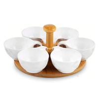 Plateau tournant rond pour servir les aliments, 5 bols en céramique blanche pour chips et trempette, plateau tournant en bois avec bol à condiments