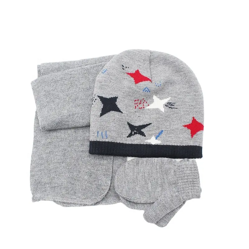Acrylic Gray Boys Warm Thermal Beanie Scarf Gloves Set Kids With Star Kids Winter Hats And Gloves And Scarfs