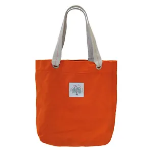 Casual Cotton Canvas Tote Bag With Woven Label with striped handles with large metal grommets
