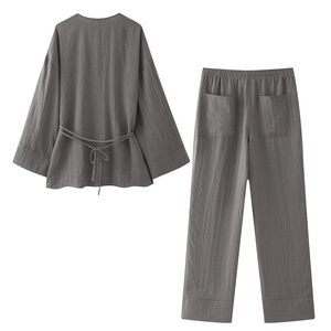 Ultima moda elegante Set di Kimono Premium <span class=keywords><strong>con</strong></span> <span class=keywords><strong>pantaloni</strong></span> da donna per la casa cravatta <span class=keywords><strong>con</strong></span> Top in tinta unita <span class=keywords><strong>pantaloni</strong></span> da donna S280 - Product Image 3