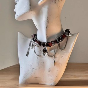 Gangmo kim loại da cổ áo chocker đinh tán Punk tim Vòng cổ Y2K subculture chéo xương đòn chuỗi - Product Image 5
