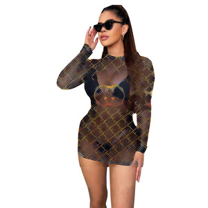 Mode transfrontalière européenne et américaine pour femmes DD6669 Sexy Slim-fit High Elastic Neck Translucent Mesh Perspective Wrong Hip - Product Image 1
