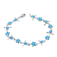 Bracelet Hawaïen en Argent Sterling 925 de la Collection Océan, Incrusté d'Opale, Motif Vie Marine, Fleur de Plumeria Bleue et Tortue