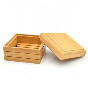 Natural <b>Bamboo</b> <b>Soap</b> Box Container Holder Bathroom Square <b>Soap</b> <b>Dish</b> With Lid - Product Image 4