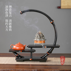 Bamboo Desk Display Shelf Lacquered Round Tea Set Storage Rack Chinese Style Teacup Holder - Product Image 2